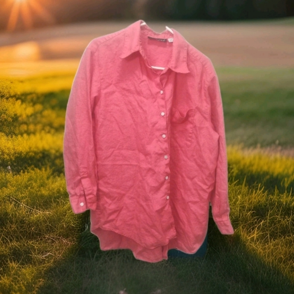 Vintage Dusty Rose Linen Blouse Women’s L Retro Y2K Boho Career Summer Everyday
